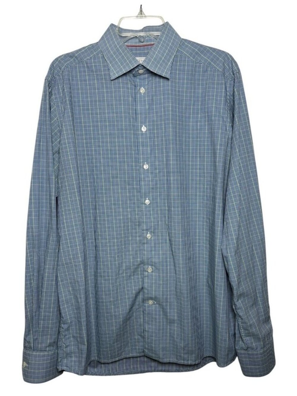 Eton Contemporary Fit Micro Check Button Dress Shirt Sz 44 Neck 17.5 Blue Green